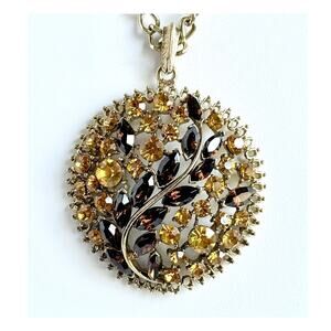 Vintage 1970s Amber Topaz Rhinestone Statement Pendant 31” Necklace